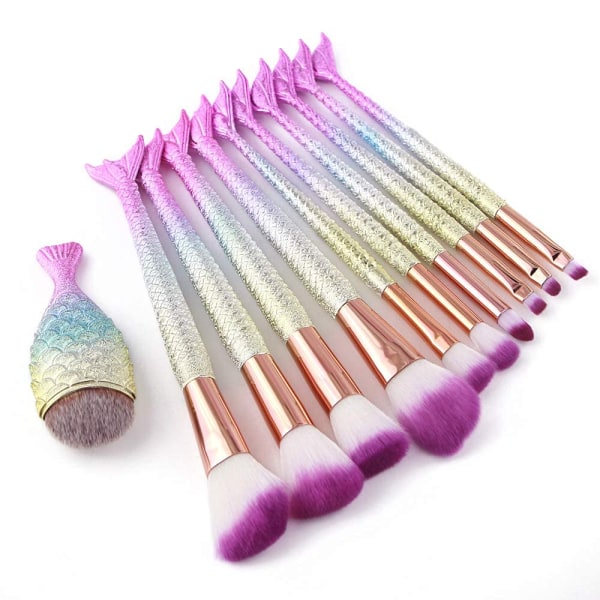 Sjöjungfrusminkborstar, 10 Count Professional Blending Blush Concealer Borstar av syntetiska fibrer, speciella set för kvinnor (lila)