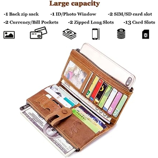 Genuine Leather Women's Wallet Women's Wallet Leather Coin Purse Checkbook Holder Card Holder for 13 Cards