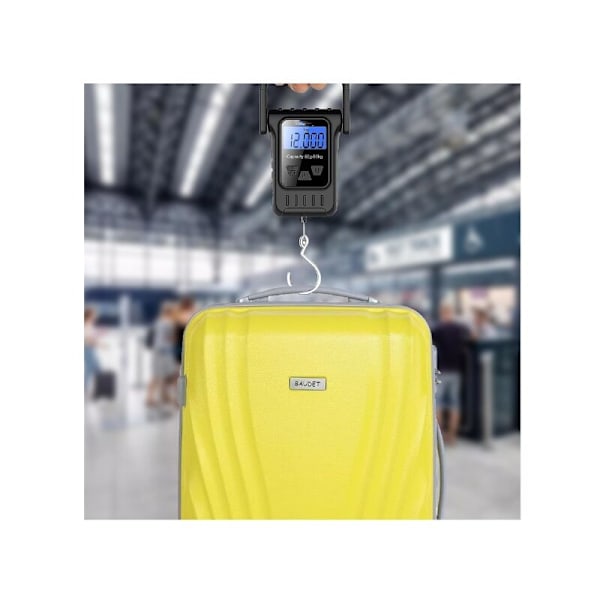Matkatavaravaaka 110lb/50kg taustavalaistulla LCD-näytöllä, riippuva vaaka kahvalla ja suurella koukulla sekä mittanauhalla kotiin ja ulos