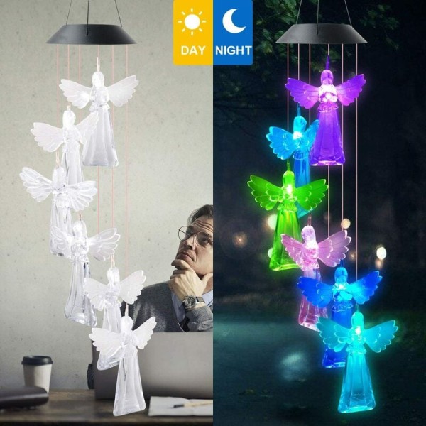 Led solcells vindklocka lampa, ängel ljuskrona, färgglad färgväxlande lampa, utomhus trädgårdsdekoration lampa, unik gåva