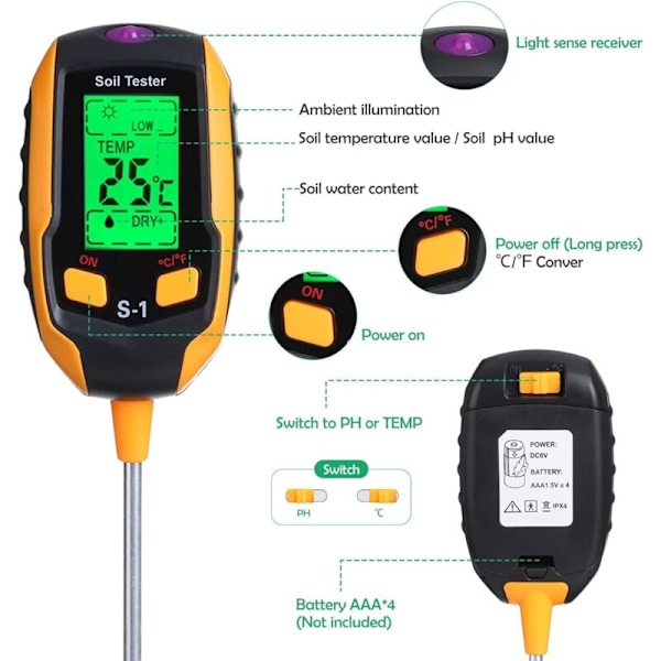 4-i-1 Fuktmätare - Digital LCD-display - Växttemperatur/Jordfuktighet/pH/Solljusintensitet - Jordtestare för Trädgårdsarbete, Jordbruk, 31.75.72.8cm