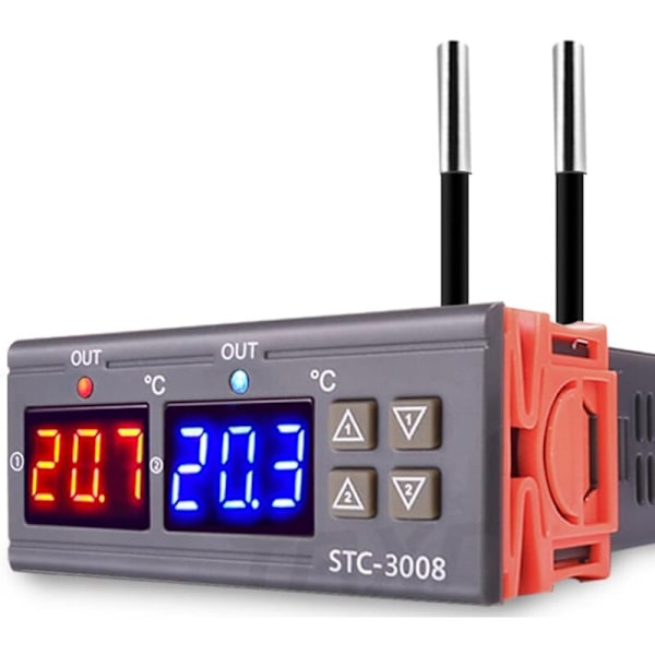 STC-3008 AC temperaturtermostatkontroller AC 110V-220V, Digital temperaturkontroller med dubbel display och dubbel NTC-probgivare, uppvärmning a