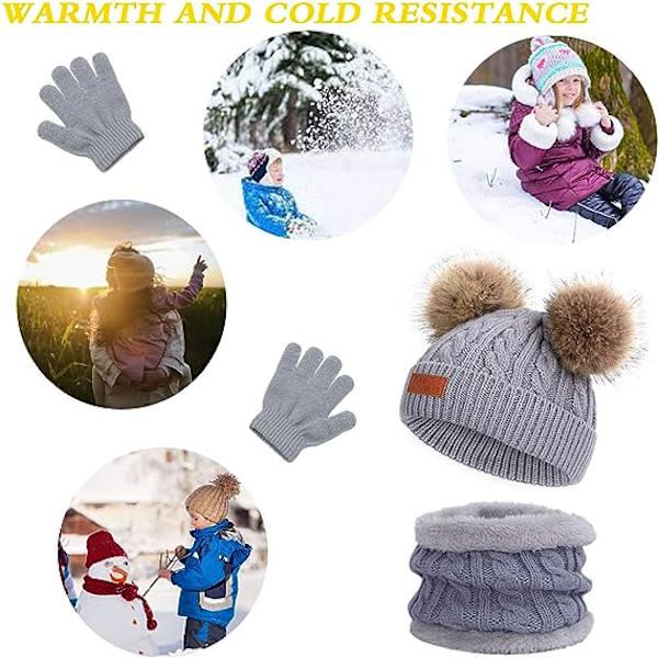 Barn Vinter Varma Mössa Halsduk Vantar Set grå Termisk Stickad Virkad Tjock Fluffig Småbarn Halsduk Dubbel Pom Pom Bobble Mössa med Konstgjord Päls för Flickor