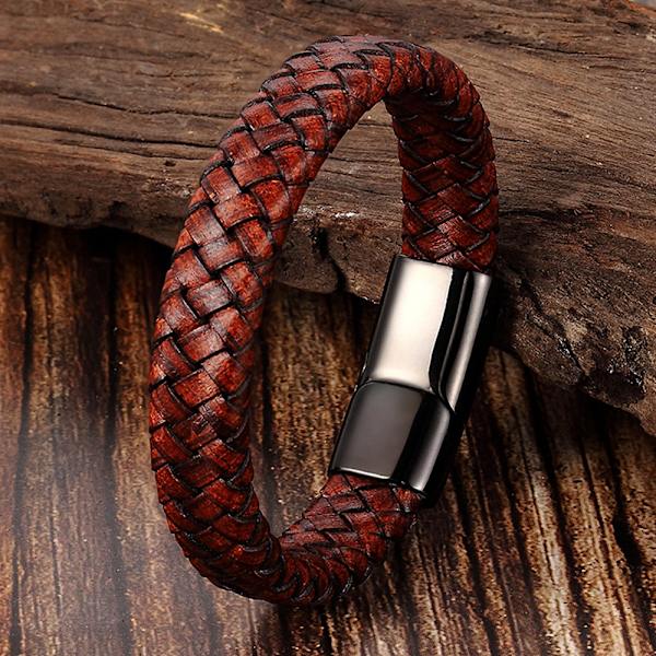 Mænds Armbånd Rustfrit Stål Magnetisk Spænde Retro Brun Læderarmbånd Mænds Gave Håndledsrem