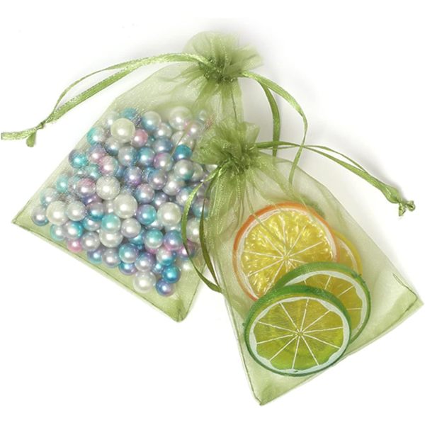 Olivengrønne Organzaposer Små, 100 stk. 7X9cm Små Net Smykkeposer Festgaveposer med Snøre til Bryllup Baby Shower Jul (Oliven G