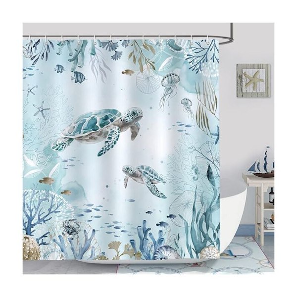 Duschdraperi med Havssköldpadda Blå Ocean Sjögräs Baddraperi Polyestertyg Anti-mögel Vattentätt Tvättbart Badrumsdraperi 180 x 180 cm med 12 Krokar f