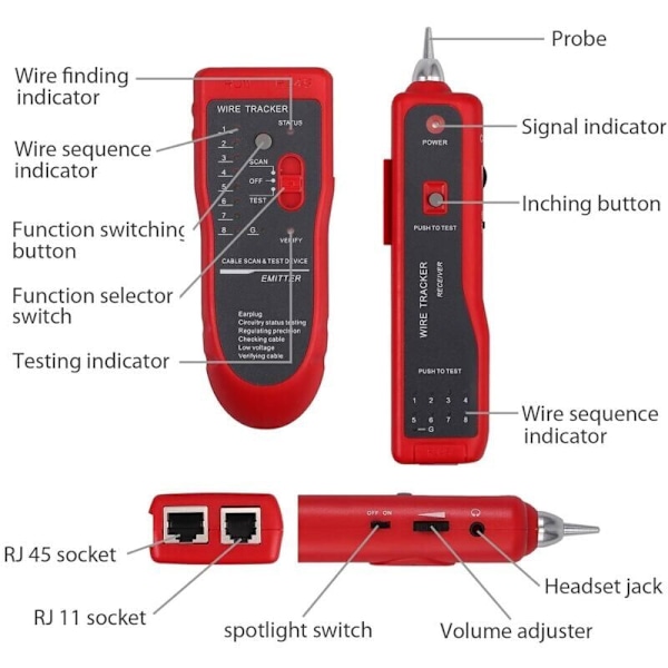 Kabeltestare RJ11 RJ45 Finder Ethernet LAN Multifunktionell Toner Tracer Nätverkskabel Kollation Telefonlinje Kontinuitetstestare (Röd)