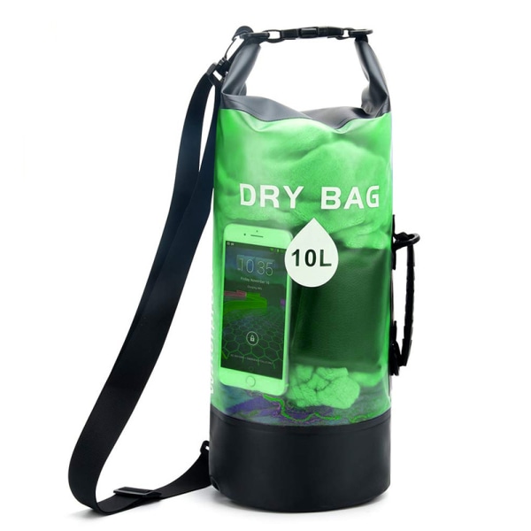 One Shoulder Vattentät Dry Bag (grön), 10L Roll Top Lätt Dry Bag Ryggsäck med vattentätt phone case (IPX6) för resor, simning