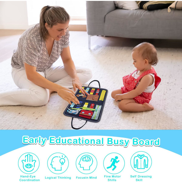 Travel Busy Board, Montessori Sensory Board Educational Toy Activity Board for Kids Girls Boys 1 2 3 4 Years Old, Blue