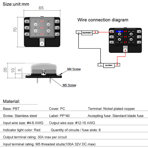 6-vejs sikringsboks, standard bladsikringsblokke med LED-indikator, 10 sikringer, 10 bilterminaler, båd, campingvogn, 12 V, 24 V