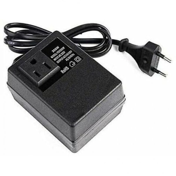220V til 110V, 200W transformator, med europeisk plugg, for redusert spenning.
