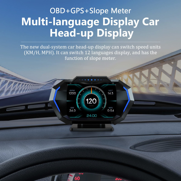 Head Up Display, OBD2 + GPS + Slope Meter Mode - Multi-Language Display - Changeable Speedometer Units in MPH and KM/H for All Cars