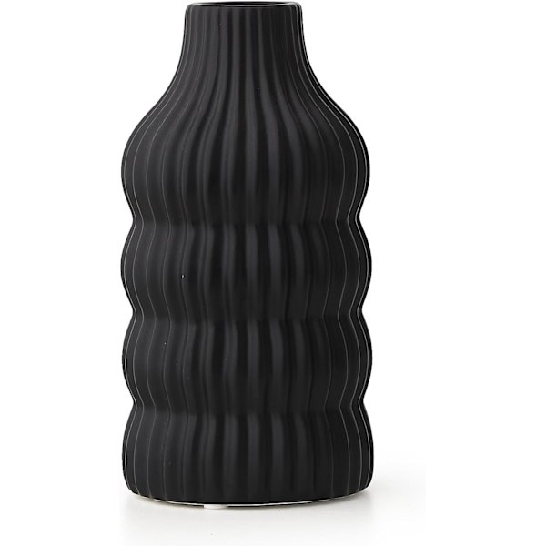Keramisk vase til boligindretning, sort mat ribbet vase til blomster, moderne minimalistisk stribet dekorativ vase, unik blomster vase til spisestue Li