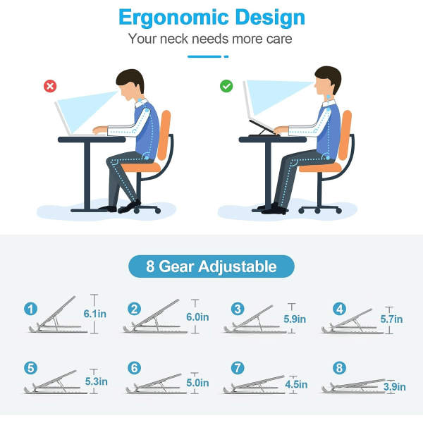 Bærbar computer stand, 8-trins justerbar bærbar computer stand, skridsikker plast  silikone  aluminiumslegering bærbar computer stand, kompatibel med MacBook Air Pro, HP, 10-15,6\"