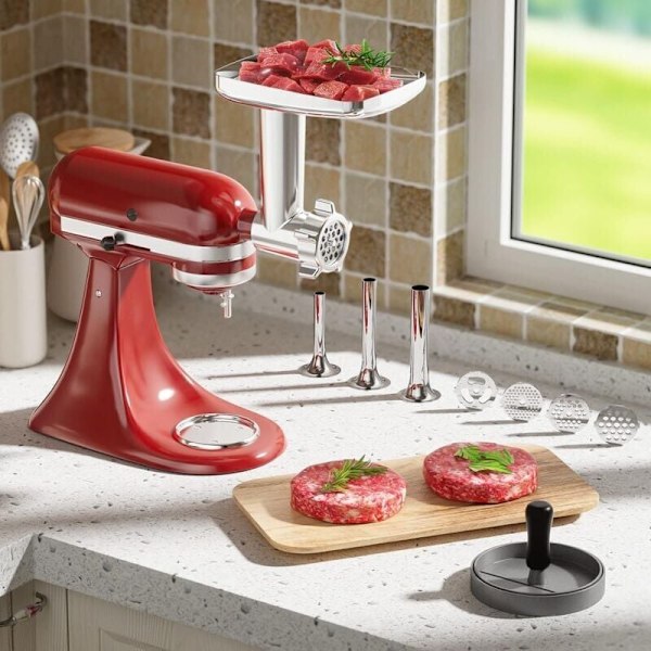 Metall Matkvern Tilbehør for KitchenAid Kjøkkenmaskiner Kjøttkvern Pølsestopper, Inkluderer 3 Pølsestopper Tilbehør, Kitchen Aid Kjøttkvern