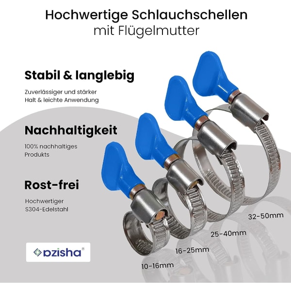 10-pack rostfria slangklämmor med vingmutter - slangklämma med 9 mm band (25-40 mm blå vingmutter)