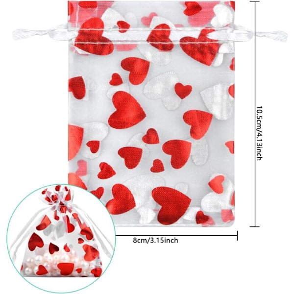 50 stk. 8x10cm Organza gaveposer, lille smykkepose med hjertemønster, gaveposer med snøre, organzalommer til chokolade perle bryllup