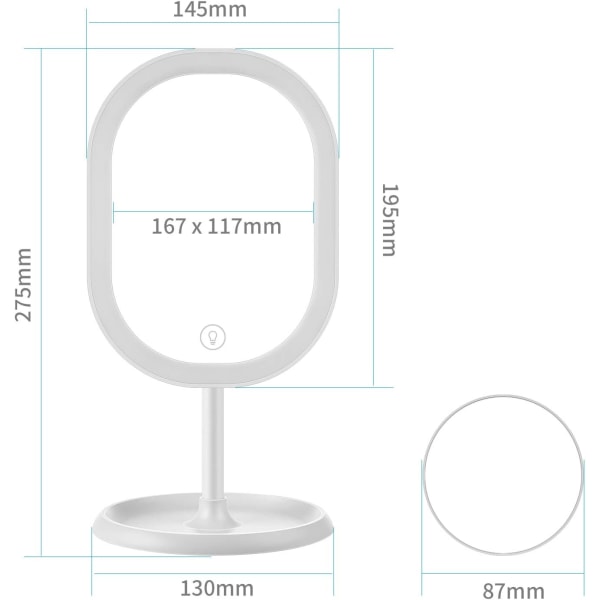 LED-sminkespeil, avtakbart, smart lysjustering og USB