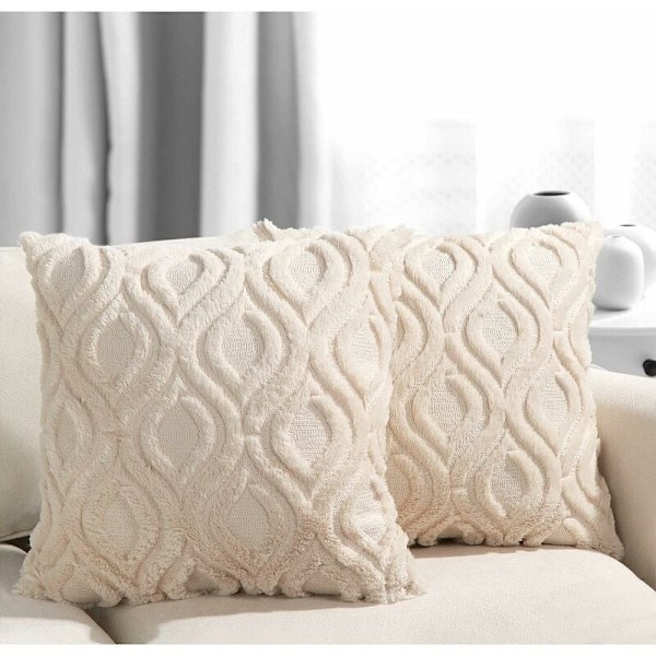 Dekorativa kuddöverdrag 45 x 45 cm, Boho-örngott i fuskpäls, suddig beige kudde i mjuk plysch för soffa, vardagsrum, sovrum, l