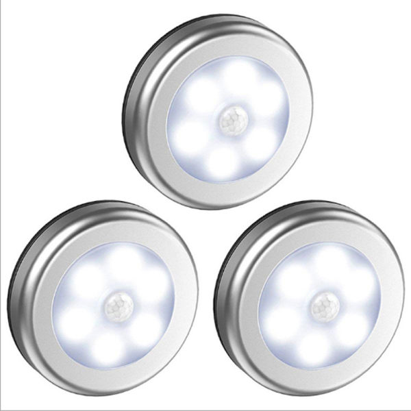 3 st LED-lampor med rörelsesensor, trådlösa, för garderob, trappor, hall, kök, sovrum (silverfärgad (vitt ljus))