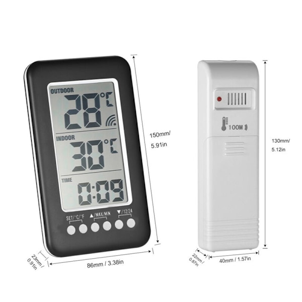 LCD trådlös digital termometer med elektronisk temperatursensor för inomhus- och utomhusmiljö, meteorologisk klocka, trådlös sändare,