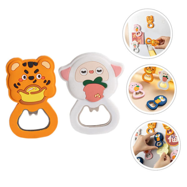 2-pack Cartoon Cap-öppnare Soda Can-öppnare Flask Cap Catcher Dryckesflasköppnare Kylskåp Silikon Rostfritt Stål Magnetisk Flasköppnare