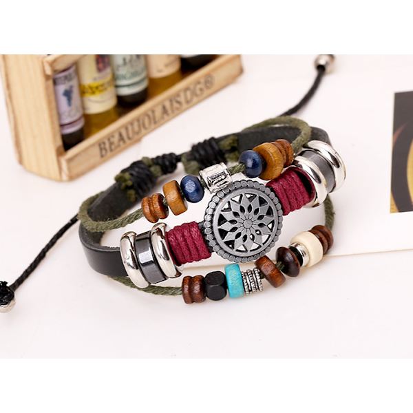 (Noir) Personligt justerbart armbånd i ko-læder, vintage design, jule-, ferie- eller fødselsdagsgave, elegant perlearmbånd i læder