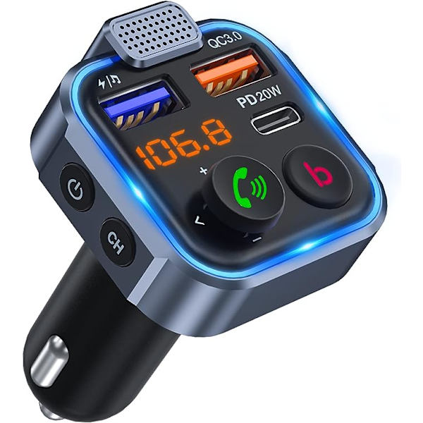 Bil FM-sender, trådløs Bluetooth 5.0 trådløs adapter bilsæt, PD3.0 Type C 20W+QC3.0 bil hurtigoplader, håndfri opkald, bas tabsløs high fi