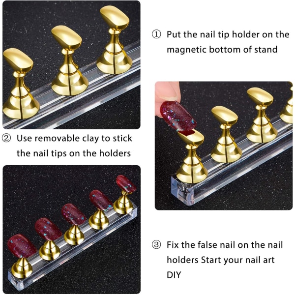 (Guld) 2st Akryl Nail Display Set Fingertop Practice Stand Mag