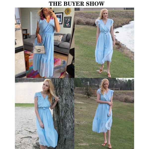 Sommarklänning för kvinnor, Boho, blommig, casual, wrap, maxiklänning, V-ringning, volang, ärmlös, bälte, A-linje, plisserad fåll, solklänning