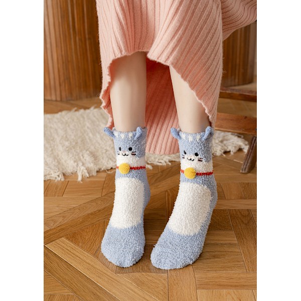 Smart Wool Socks Damstrumpor Vinterstrumpor Höst och Vinter Mid-Tube Strumpor Katt Sammet Tjockare Varma Strumpor (Blå)