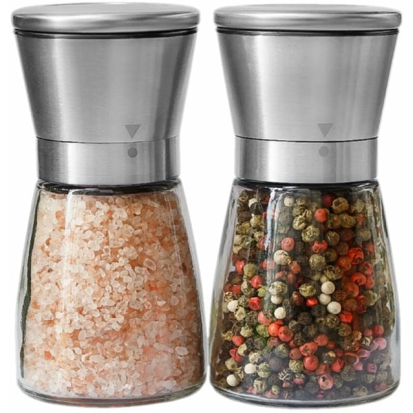 Pepper- og saltkvernsett, sett med 2 krydderkverner, justerbar kornstørrelse, glass og børstet rustfritt stål salt- og pepperkverner med integrert Cera