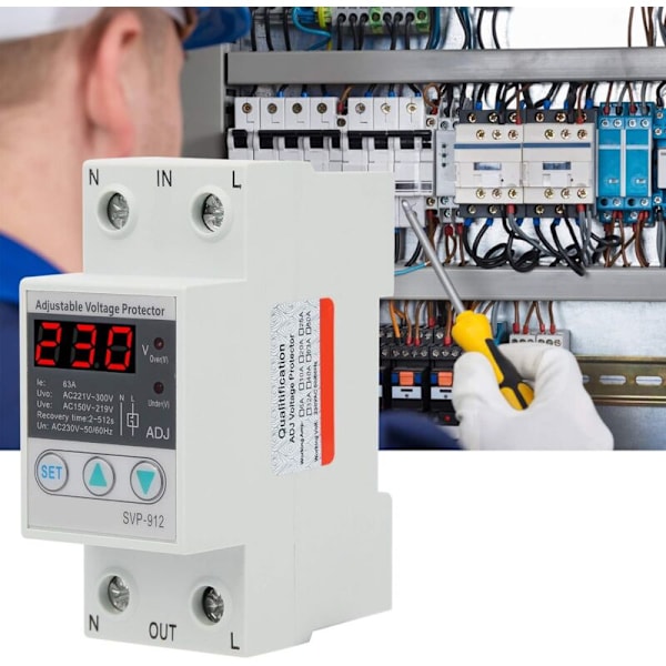 230V Spændingsregulator Overspændingsbeskyttelsesrelæ Justerbar Genopretningsvoltmeter SVP-912 (63A)