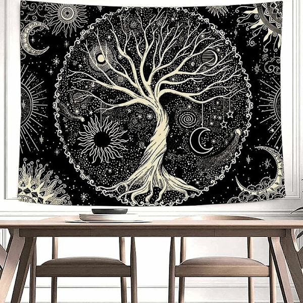 (150 x 130cm) Gobeläng Livets träd Gobeläng Träd Svart Vit Vägg Gobeläng Sol Väggdekoration Psykedelisk Tapis Gotisk Gobeläng Väggdekoration
