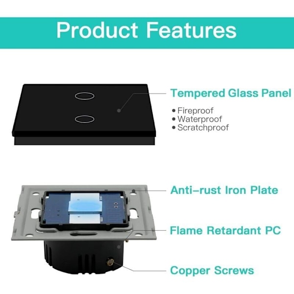 Touch Switch, Svart 2-vägs ljusströmbrytare med 2 knappar och LED-display, Touch Switch med Touch Sensor Kristallglaspanel - Ingen neutral ledning
