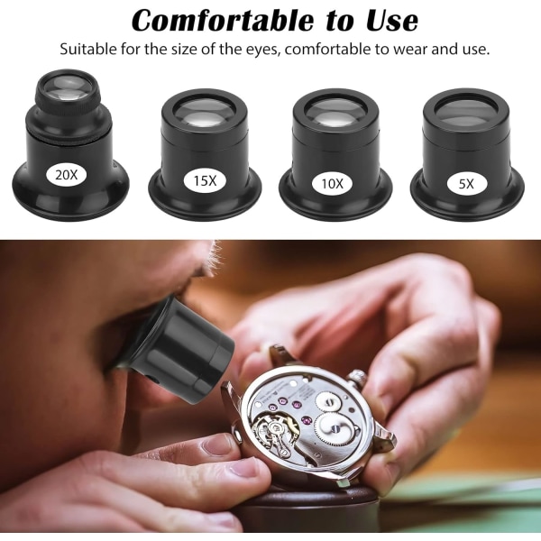 4-delad monokel för klockförstoring, 5X, 10X, 15X, 20X enkel monokel förstoringsglas set