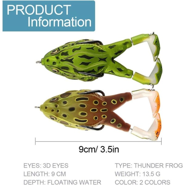 2 stk fiskefrosk, fiskeagn, 9cm dobbel froskepropeller, mykt agn med 3D-øyne, 360° roterende hale kunstig mykt agn med og for utendørs