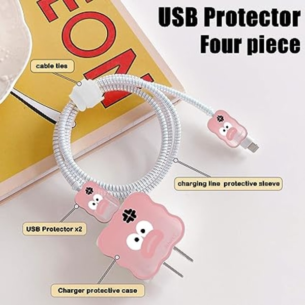 (Rosa) Rolig Emoji iPhone Laddkabel Skyddsserie, Söt Vågig Form, USB Datakabelskydd, Laddkabelskydd