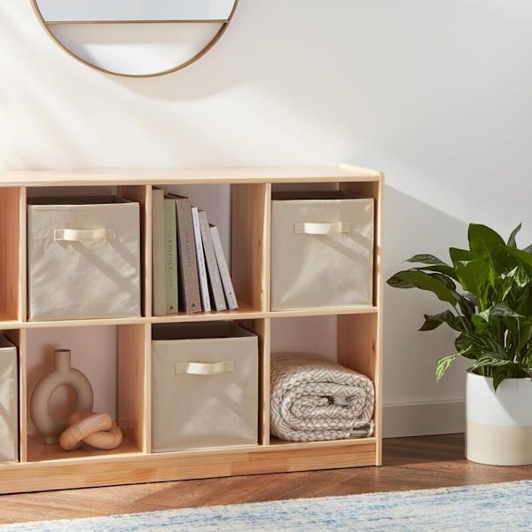 Sæt med 2 enkelte beige opbevaringskasser, foldbart stof med håndtag, 26,6 x 26,6 x 27,9 cm