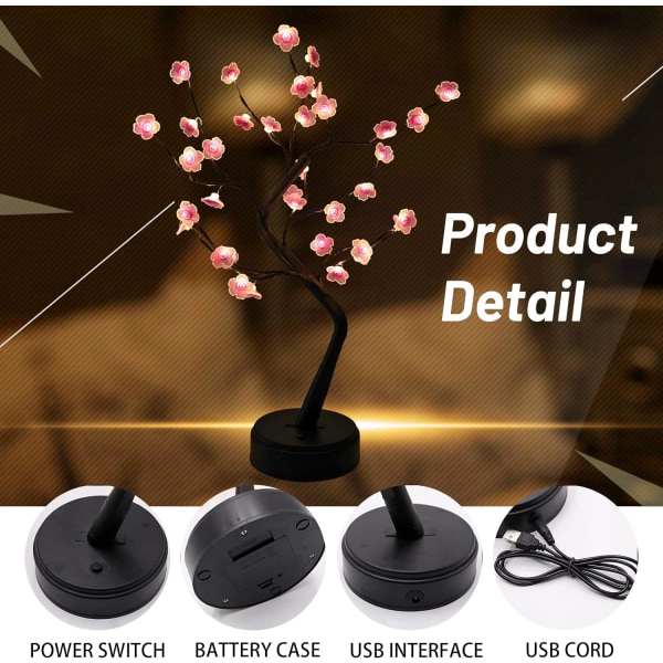 Sakura-trädlampa, bonsaiträdlampa med 36 LED japansk stil dekorativ blomlykta, batteridrift/USB-drift