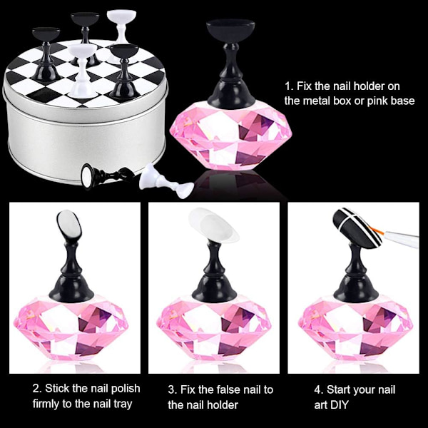 Magnetisk stativ för falska naglar med återanvändbar självhäftande kittlera vit schackbräda magnetisk nagelkonst spets kristallstativ set magnetisk nagelkonst