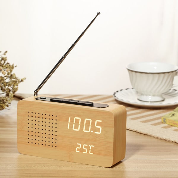 Retro Sängbords Trä Alarmklocka Radio Trä Klockradio Hög Definition Stor Skärm Digital Display Klockradio