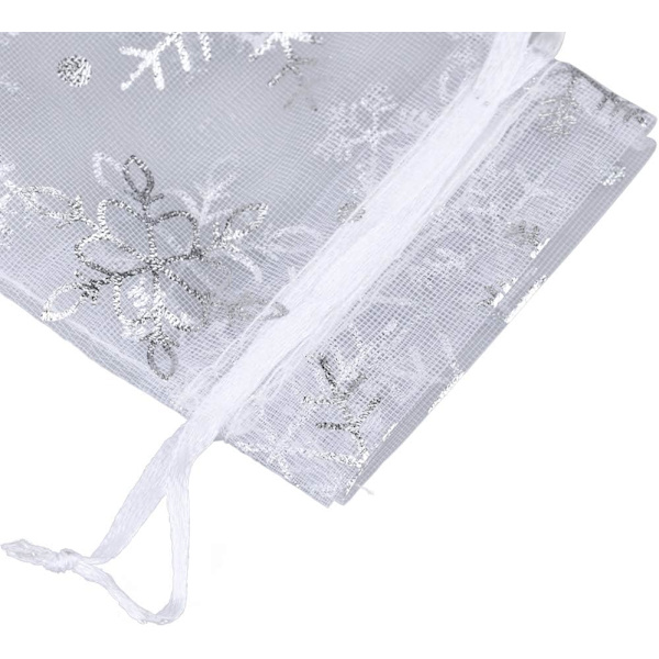 Organzaposer til jul, 100 stk. hvide organza gaveposer, 2,7'' x 3,5'' organzaposer med snørelukning til jul, bryllupsgaver, smykkeposer