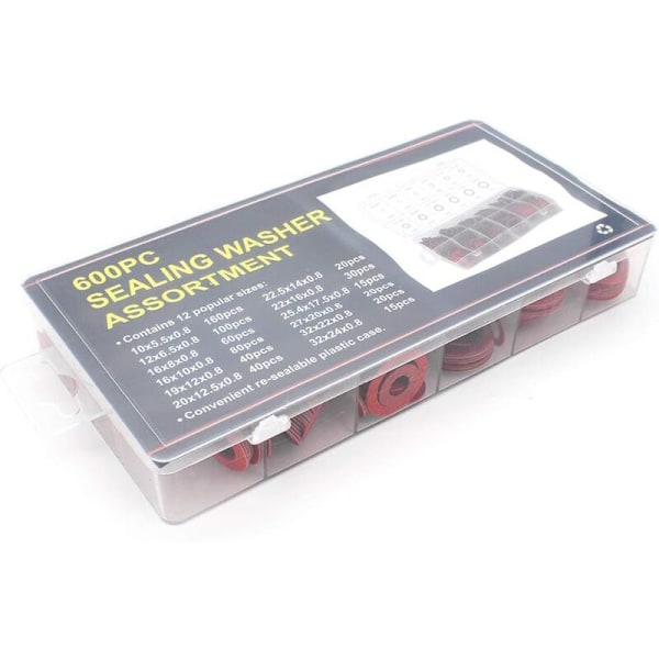 Fiberbrickor Sortiment, 600 st Röda Stålpappers Fiber Plattbrickor Kit Assorterad Isolering Packning
