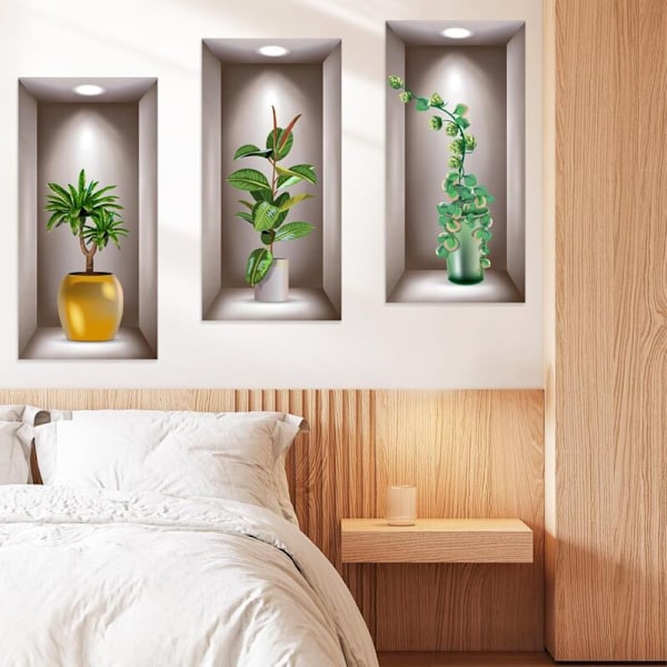 Sett med 3 3D veggklistremerker i 3D vinyl for stue, vaser, grønne planter - for soverom, kontor, kjøkken - 40 x 20 cm