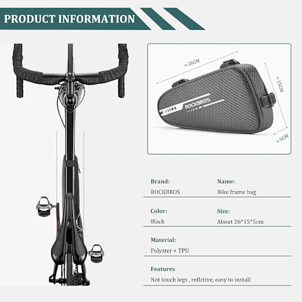 Cykelramme Taske, Reflekterende Trekant Taske Sort 1.2L