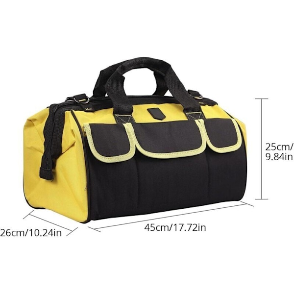 Værktøjstaske på 45,7 cm, vandtæt og rivefast, 45 x 26 x 25 cm, værktøjsopbevaringsorganisator, maksimal belastning på 38 kg, bred åbning med justerbar s