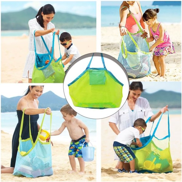 Stor Mesh Strandtaske til Legetøj Sand Away Tote med Lynlås til Børn Svømmepøl Rejse Sandede Sko Våde Håndklæder 16 x 9,4x 16inch Grøn Mesh Blå Remme