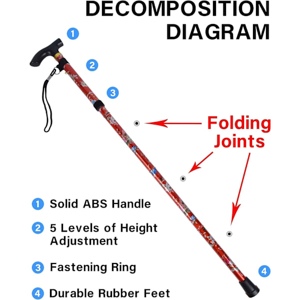 Röd - 1-delad hopfällbar käpp, blommig aluminiumkäpp, justerbar lätt bärbar vandringsstav med ergonomiskt halkfritt handtag, S