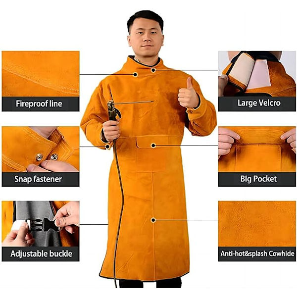 (XL-105cm) Unisex-nahanahkainen hitsausaproni - Keltainen hihoilla ja kauluksella, suojaava esiliina työpajan työhön, kipinän- ja lämmönkestävä